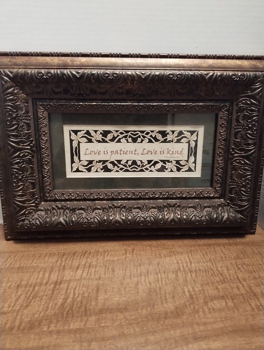 Ornate Brown Framed Wall Accent - 'Love is patient, Love is kind'